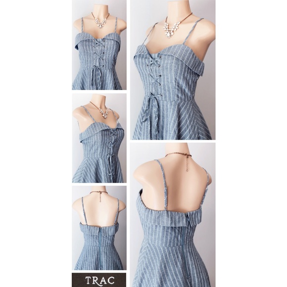Denim Blue Stripe Laced Up Fit Flare Skater Dress - Picture 3 of 8